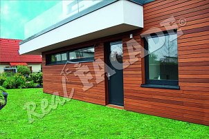 REAL FACADE Dark Red Meranti, Raute profile 20 x 90 mm, treated with OSMO Terrace Oil shade no. 006 Bangkirai